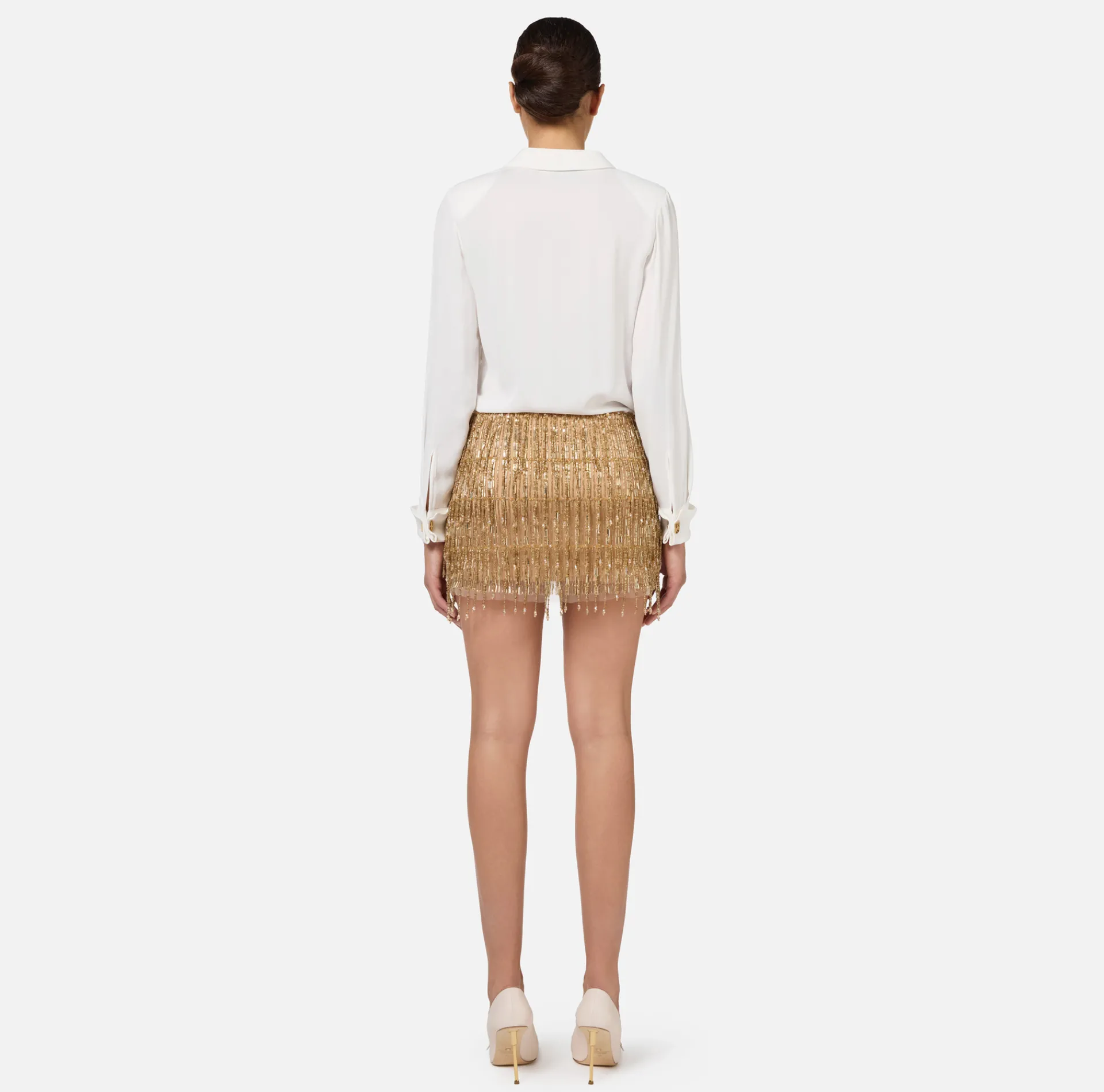 Elisabetta Franchi Red Carpet Dresses|Mini Dresses|Shirt mini-dress with sequin-embroidered skirt Ivory/Gold