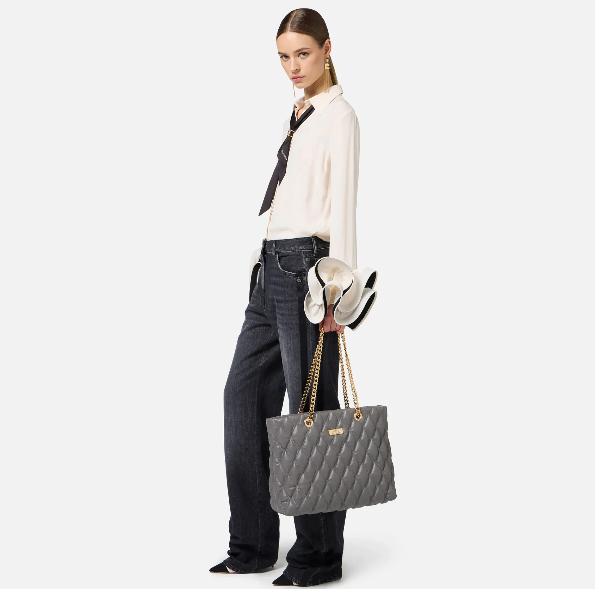 Elisabetta Franchi Shoulder Bags|Shopper bag in embossed fabric with chain handles Steel