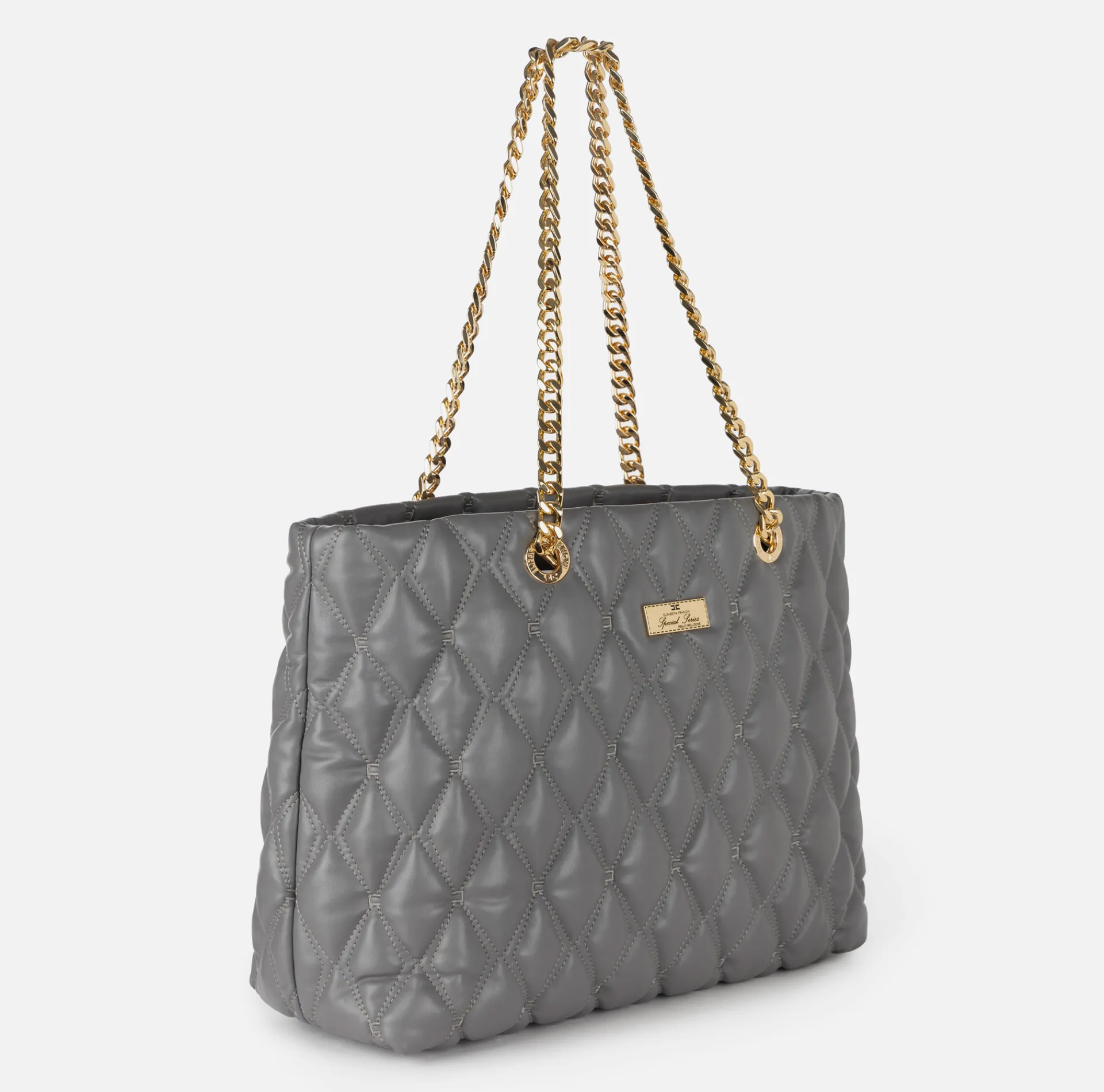 Elisabetta Franchi Shoulder Bags|Shopper bag in embossed fabric with chain handles Steel
