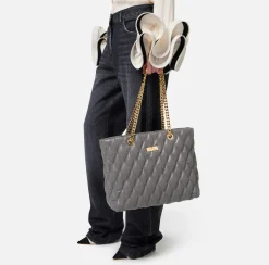 Elisabetta Franchi Shoulder Bags|Shopper bag in embossed fabric with chain handles Steel