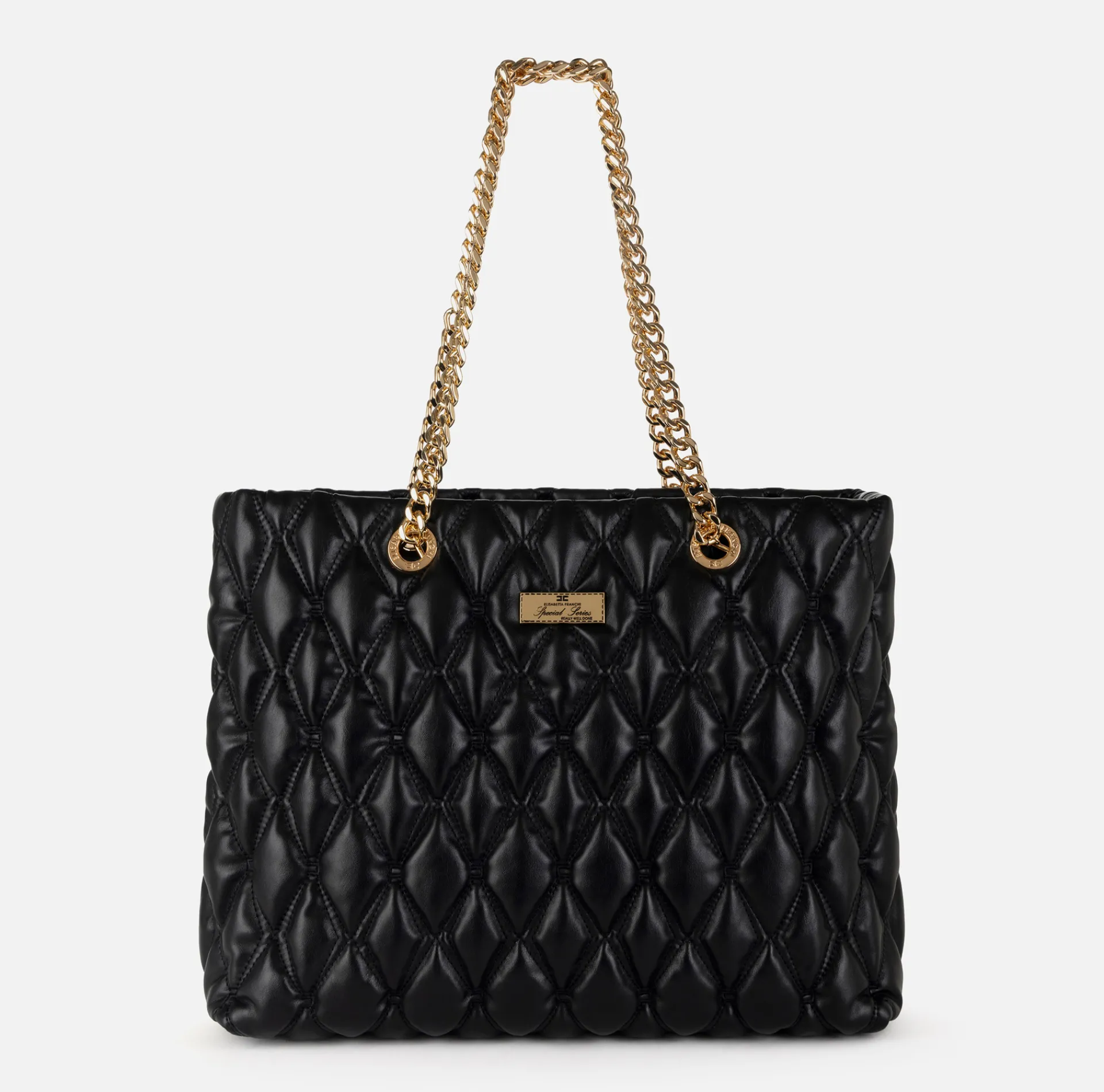 Elisabetta Franchi Shoulder Bags|Shopper bag in embossed fabric with chain handles Black