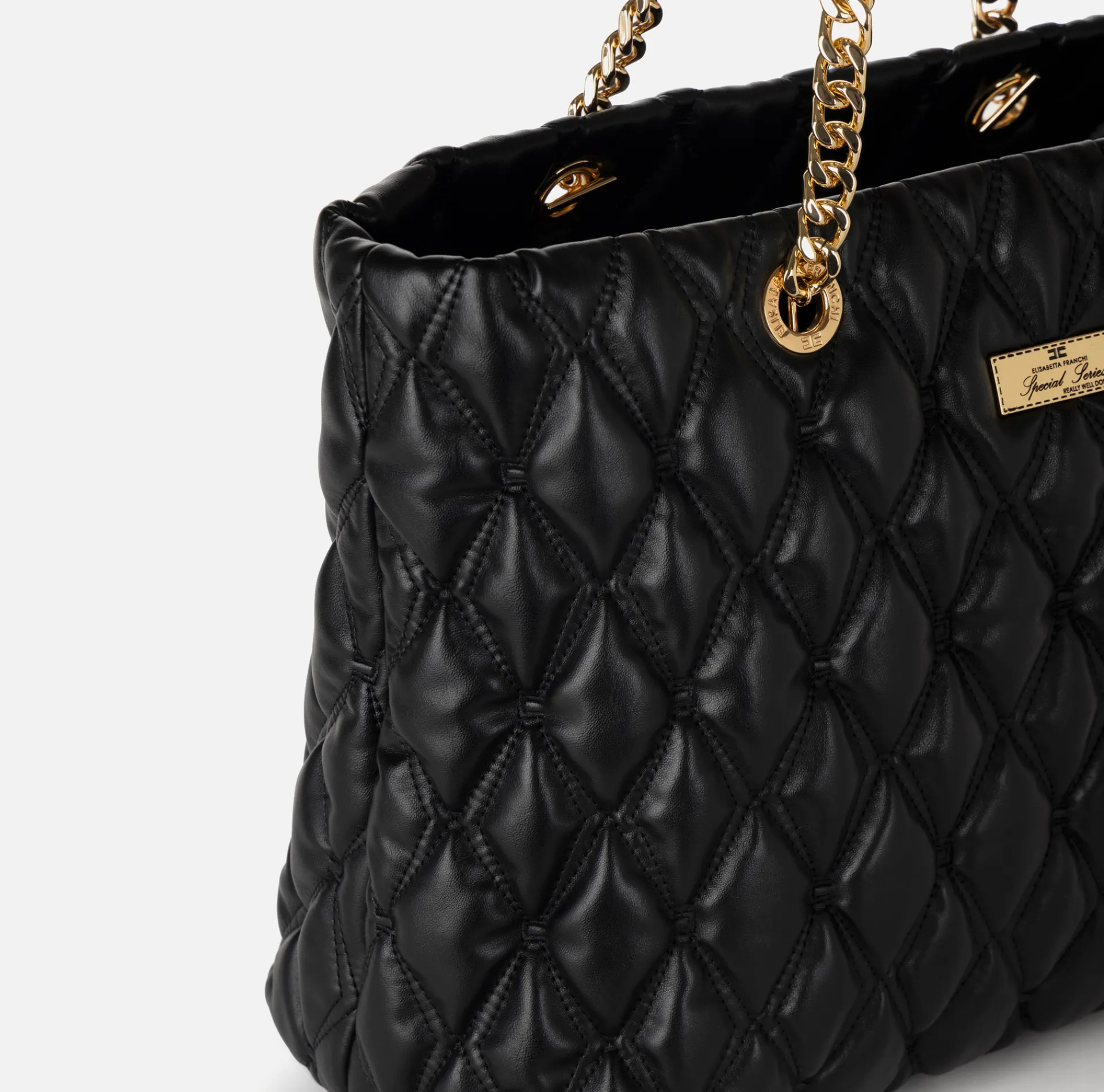 Elisabetta Franchi Shoulder Bags|Shopper bag in embossed fabric with chain handles Black