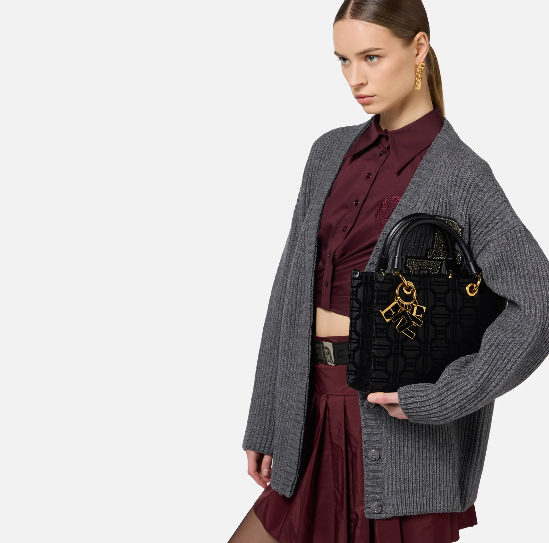 Elisabetta Franchi Handbags|Shopper bag in flock fabric with charms Black