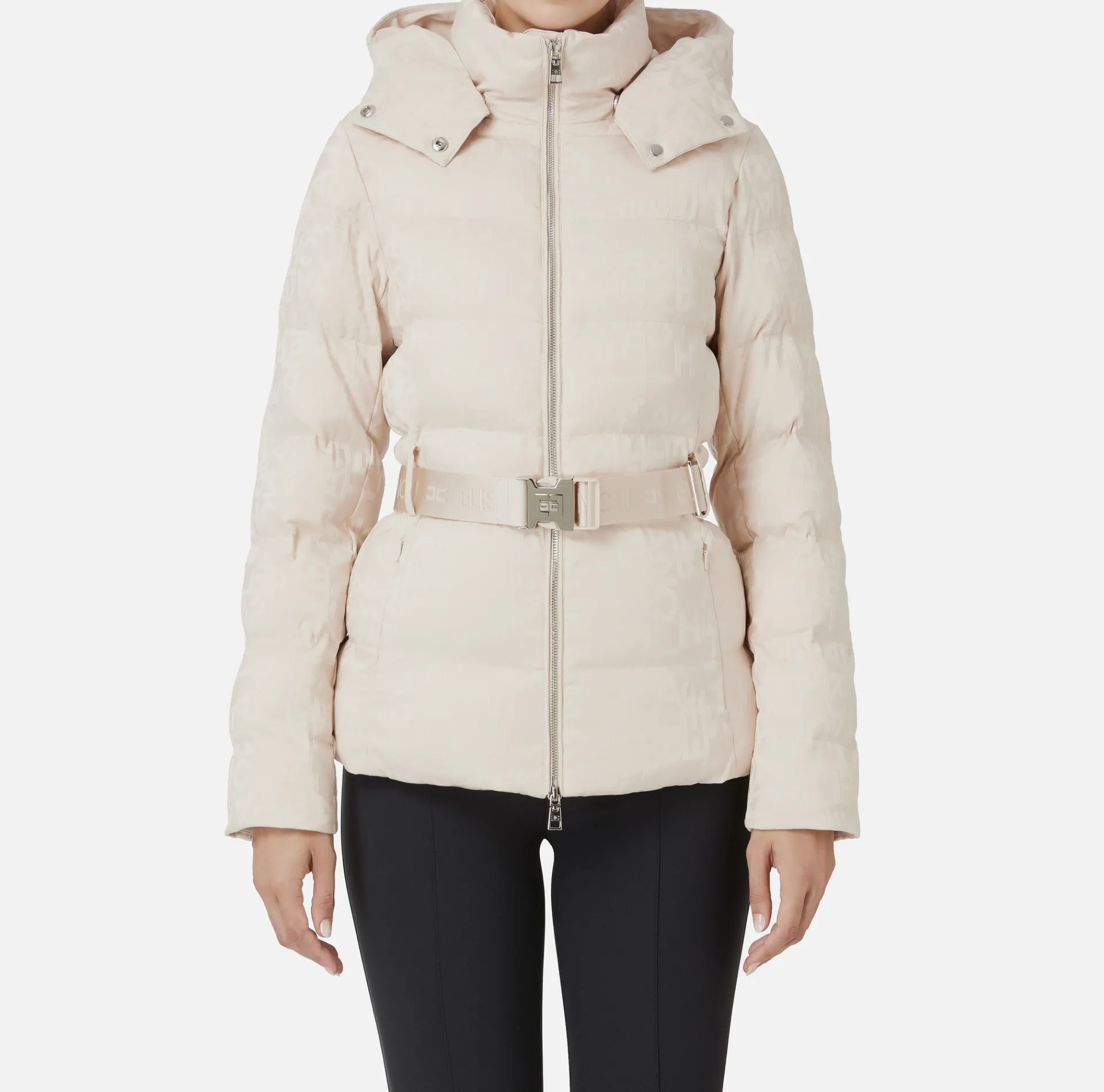 Elisabetta Franchi Coats And Jackets|Short down jacket in nylon jacquard with lettering Latex