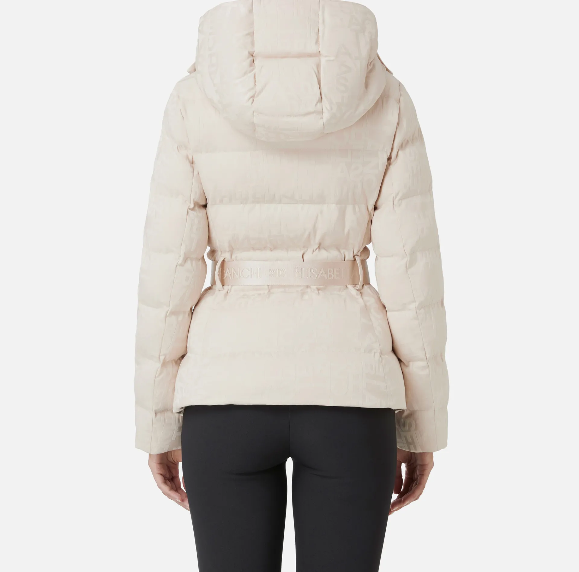 Elisabetta Franchi Coats And Jackets|Short down jacket in nylon jacquard with lettering Latex