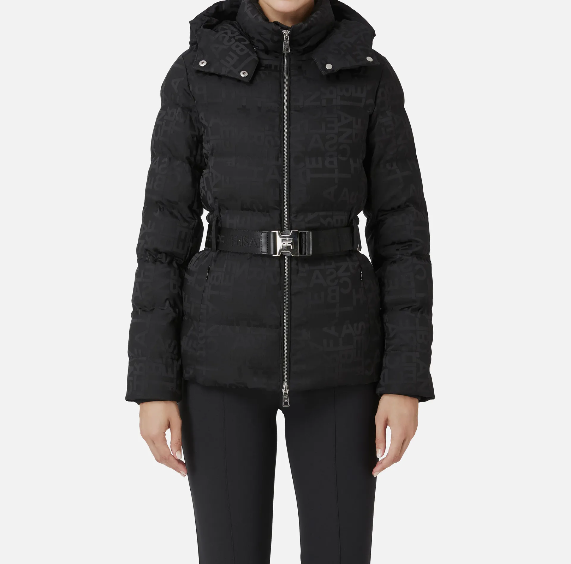 Elisabetta Franchi Coats And Jackets|Short down jacket in nylon jacquard with lettering Black