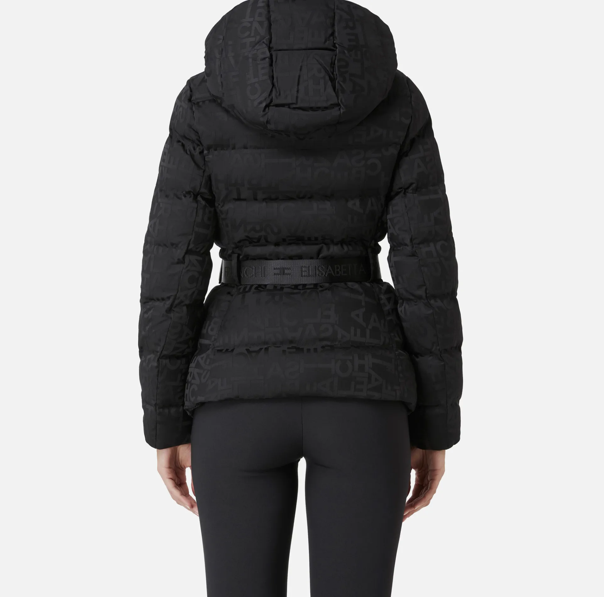 Elisabetta Franchi Coats And Jackets|Short down jacket in nylon jacquard with lettering Black