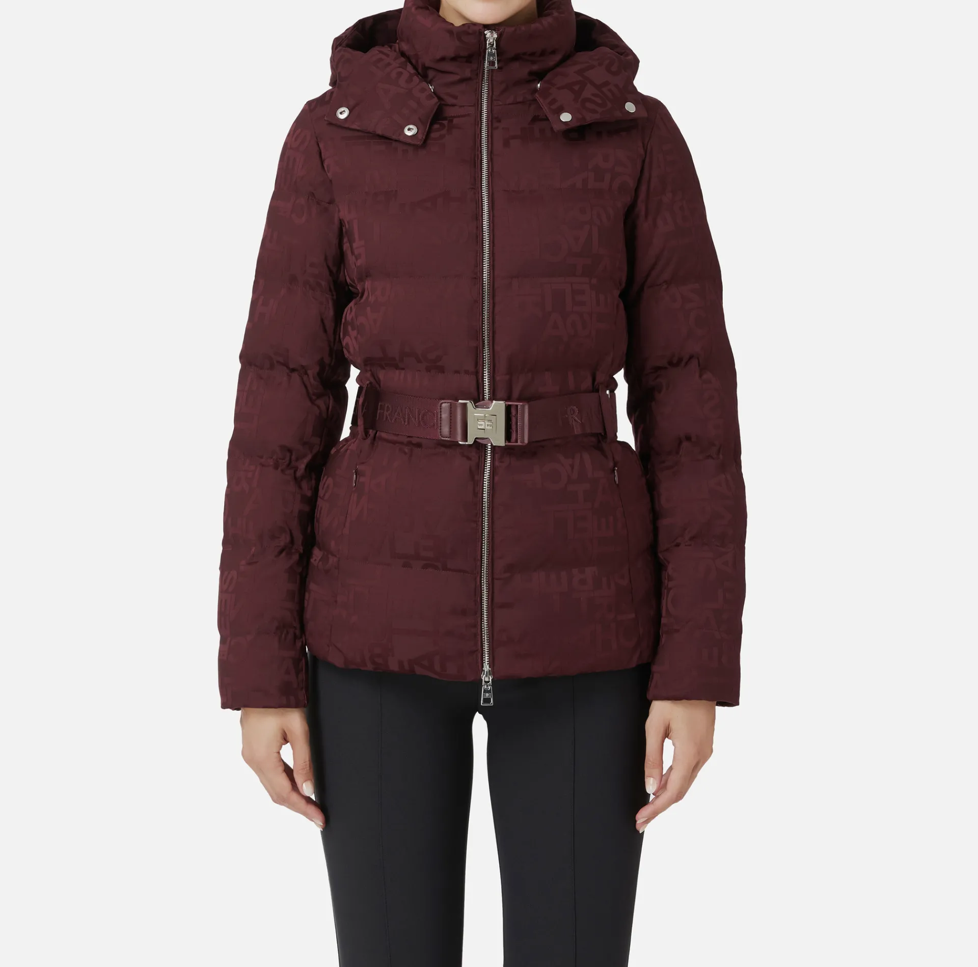 Elisabetta Franchi Coats And Jackets|Short down jacket in nylon jacquard with lettering RougeNoir
