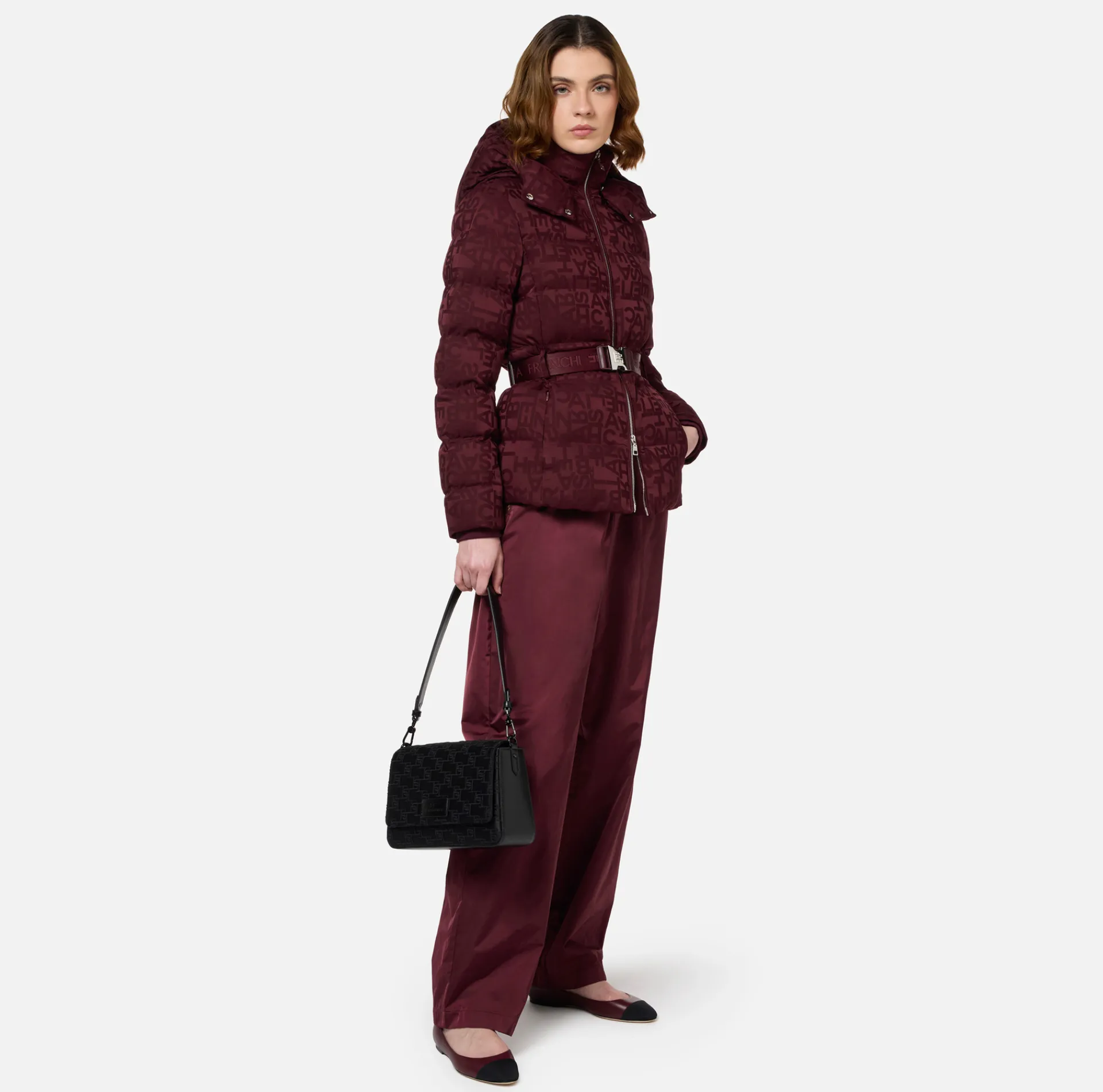 Elisabetta Franchi Coats And Jackets|Short down jacket in nylon jacquard with lettering RougeNoir