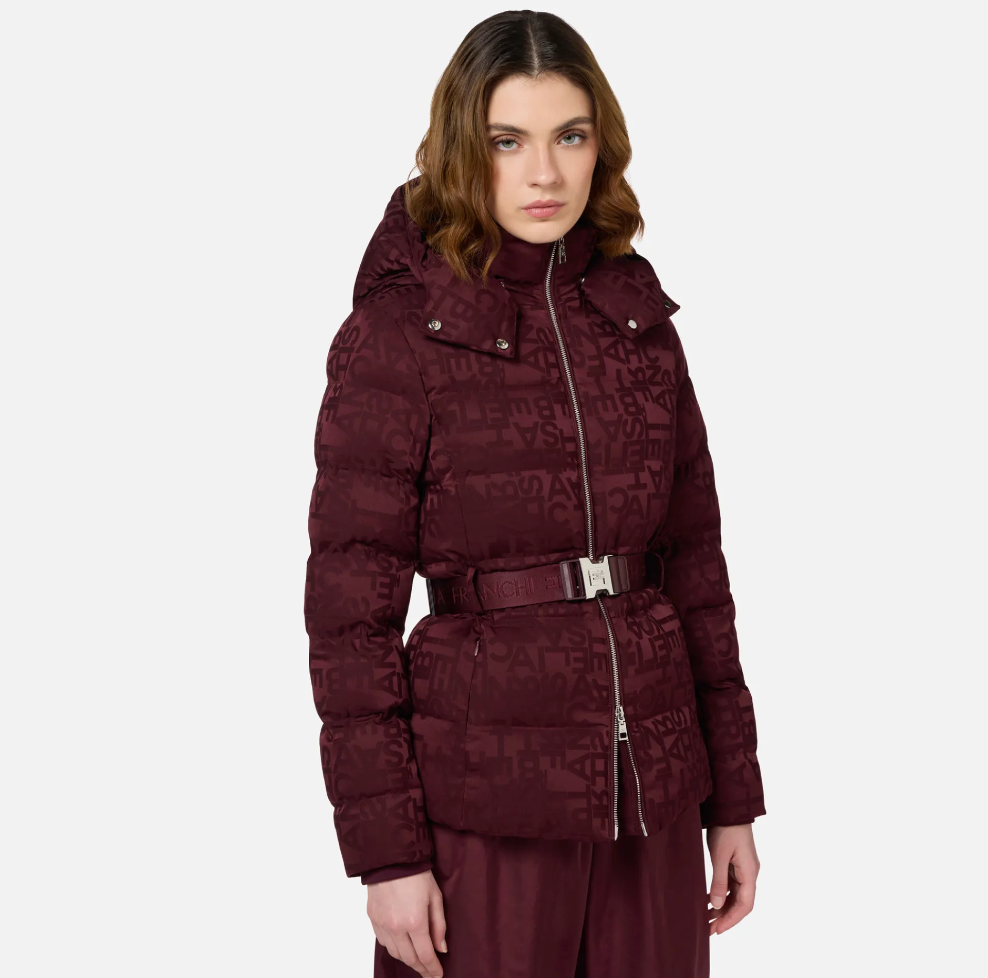 Elisabetta Franchi Coats And Jackets|Short down jacket in nylon jacquard with lettering RougeNoir