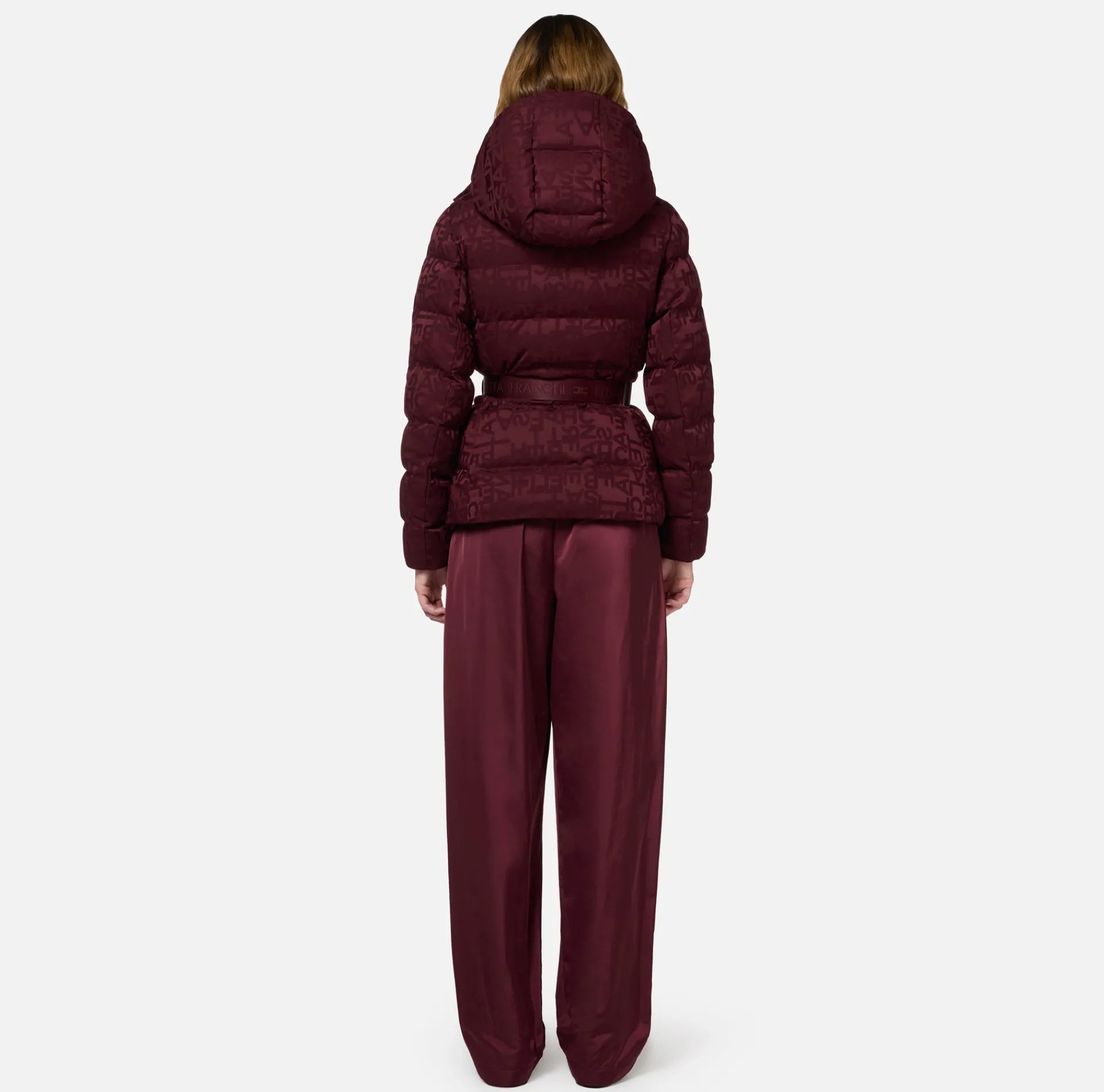 Elisabetta Franchi Coats And Jackets|Short down jacket in nylon jacquard with lettering RougeNoir