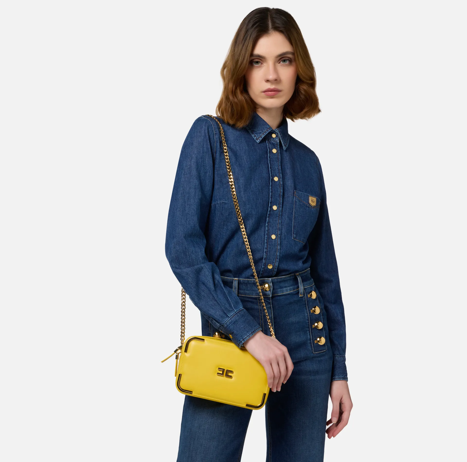 Elisabetta Franchi Strap Bags|Shoulder bag in leather-effect material with metal corners Mimosa