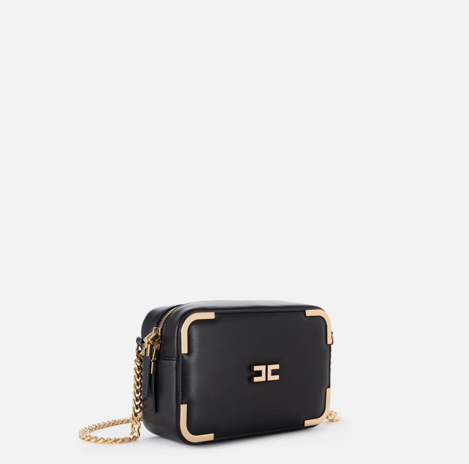 Elisabetta Franchi Strap Bags|Shoulder bag in leather-effect material with metal corners Black