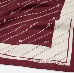 Elisabetta Franchi Scarves|Silk foulard scarf with diagonal stripe pattern and logo RougeNoir/Butter