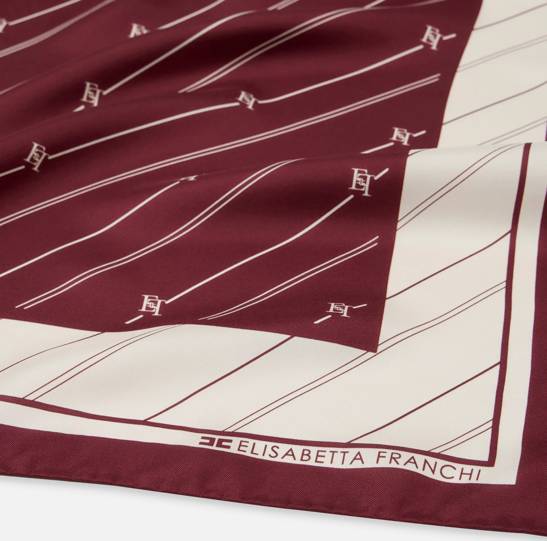 Elisabetta Franchi Scarves|Silk foulard scarf with diagonal stripe pattern and logo RougeNoir/Butter