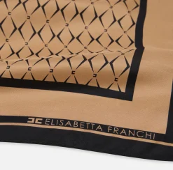 Elisabetta Franchi Scarves|Silk foulard scarf with diamond pattern and logo Camel/Black