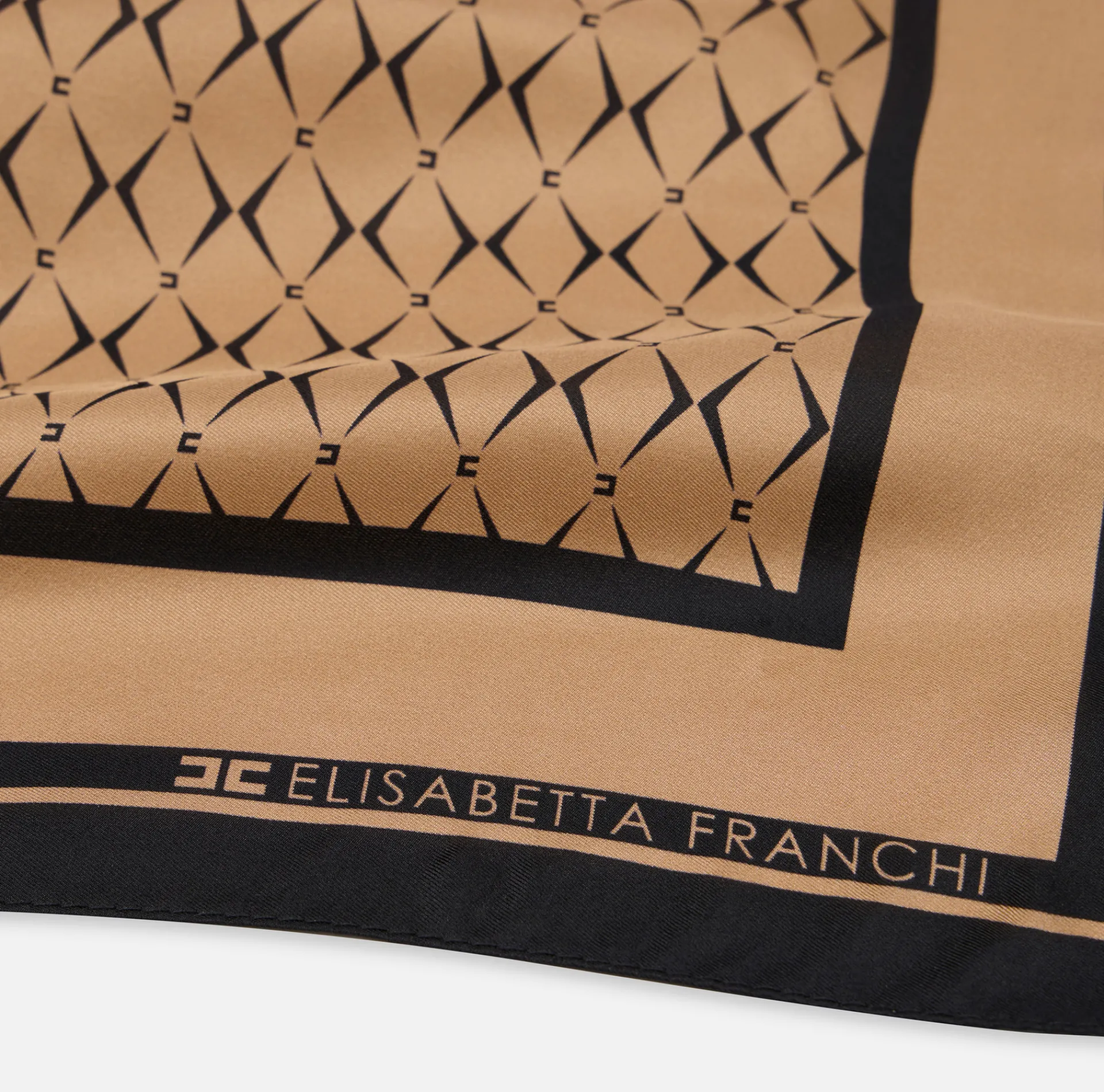 Elisabetta Franchi Scarves|Silk foulard scarf with diamond pattern and logo Camel/Black