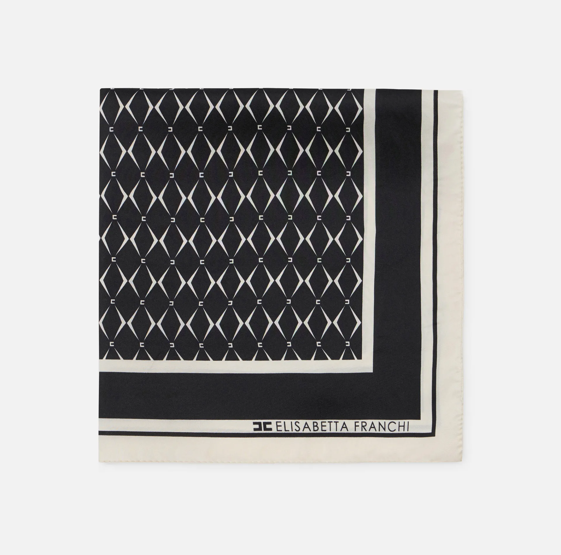 Elisabetta Franchi Scarves|Silk foulard scarf with diamond pattern and logo Black/Butter