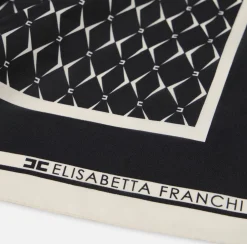 Elisabetta Franchi Scarves|Silk foulard scarf with diamond pattern and logo Black/Butter