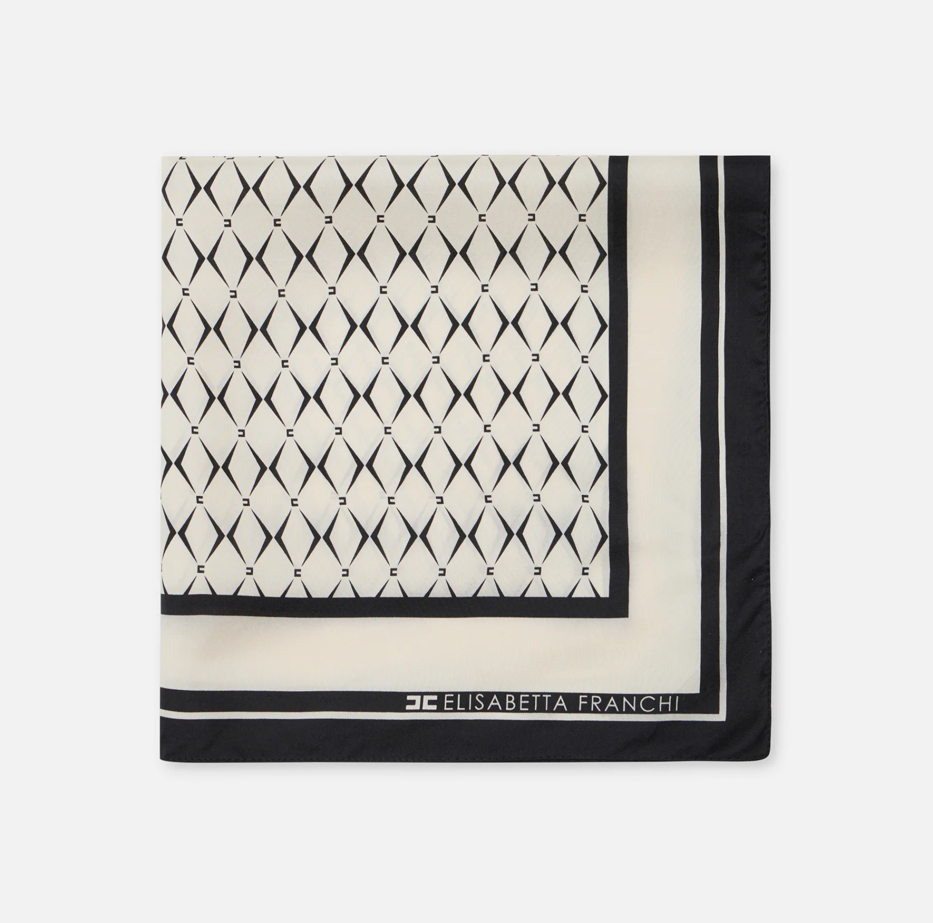 Elisabetta Franchi Scarves|Silk foulard scarf with diamond pattern and logo Butter/Black