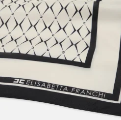 Elisabetta Franchi Scarves|Silk foulard scarf with diamond pattern and logo Butter/Black