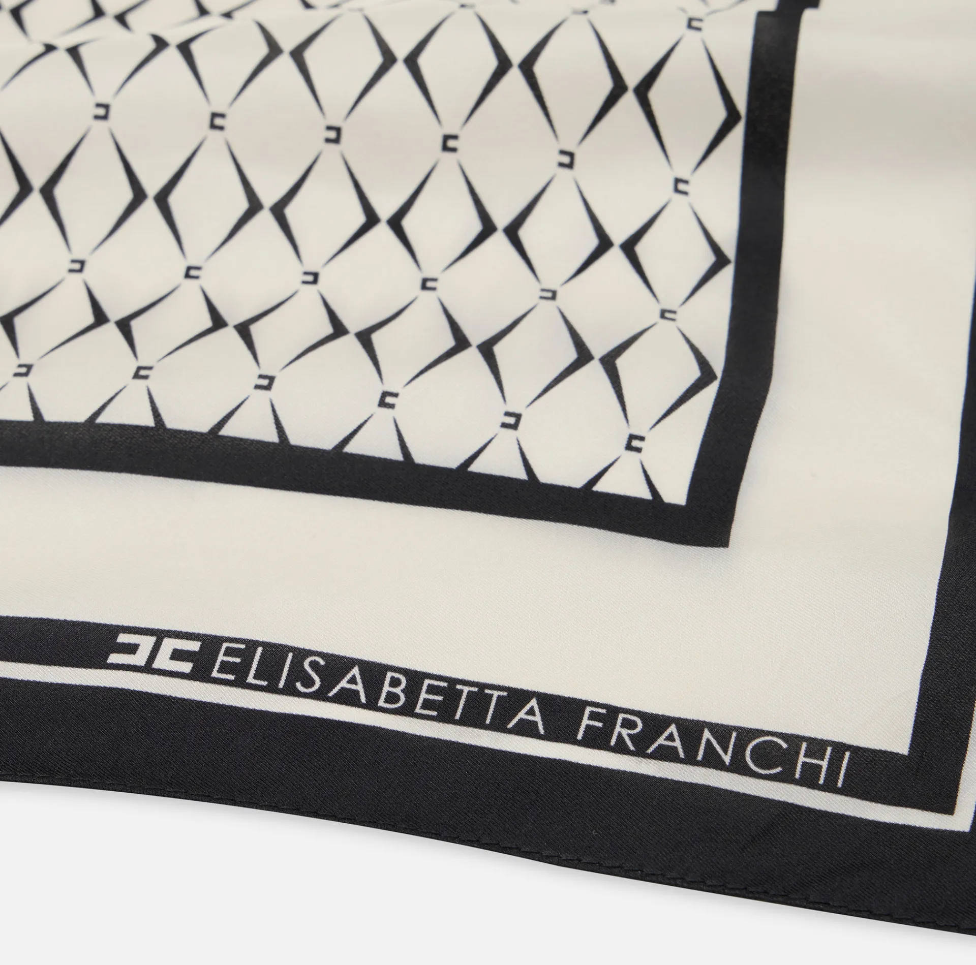 Elisabetta Franchi Scarves|Silk foulard scarf with diamond pattern and logo Butter/Black