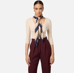 Elisabetta Franchi Scarves|Silk foulard scarf with diagonal stripe pattern and logo Navy/Cream