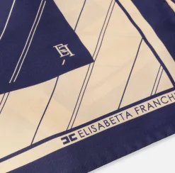 Elisabetta Franchi Scarves|Silk foulard scarf with diagonal stripe pattern and logo Navy/Cream