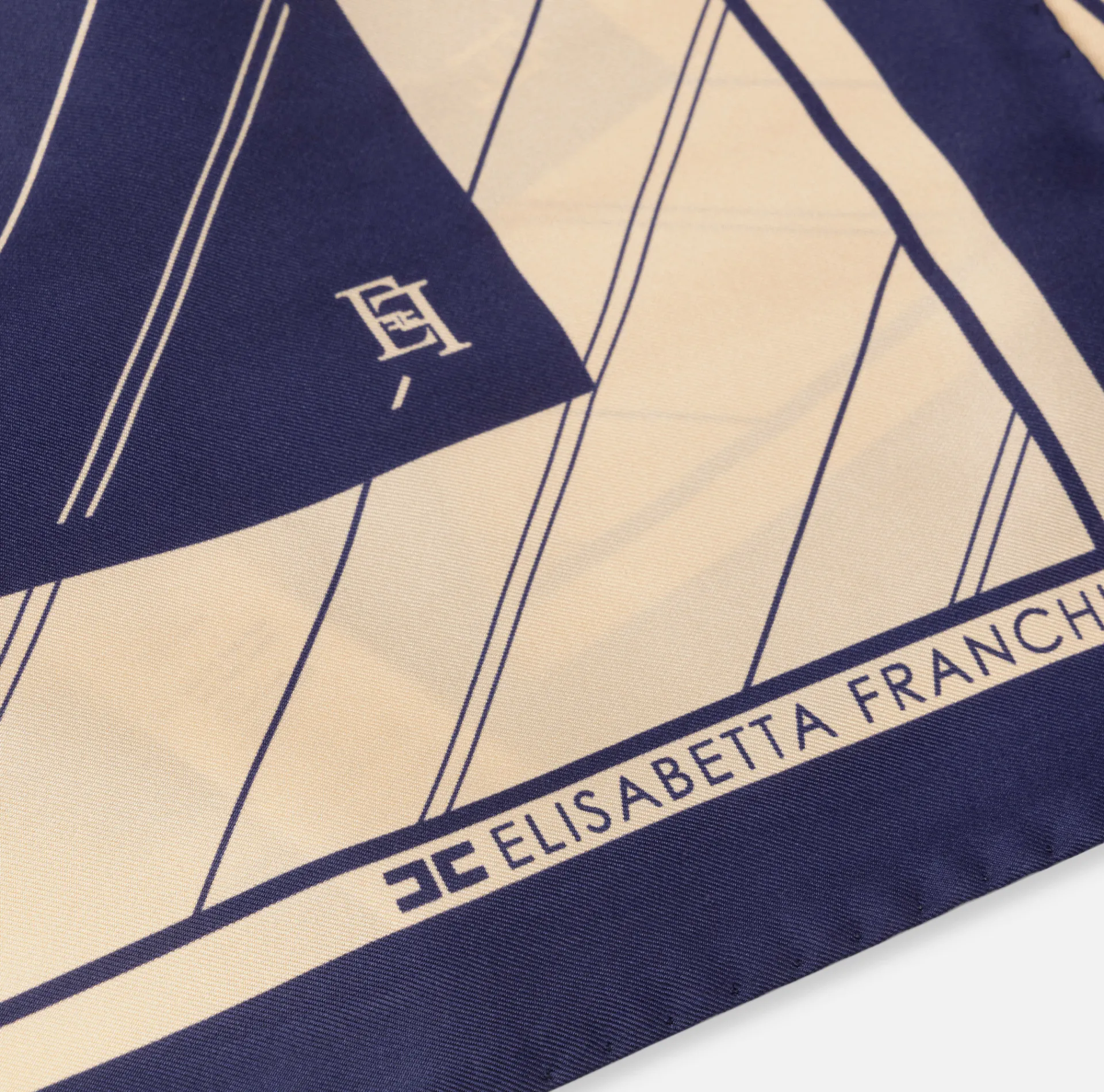 Elisabetta Franchi Scarves|Silk foulard scarf with diagonal stripe pattern and logo Navy/Cream