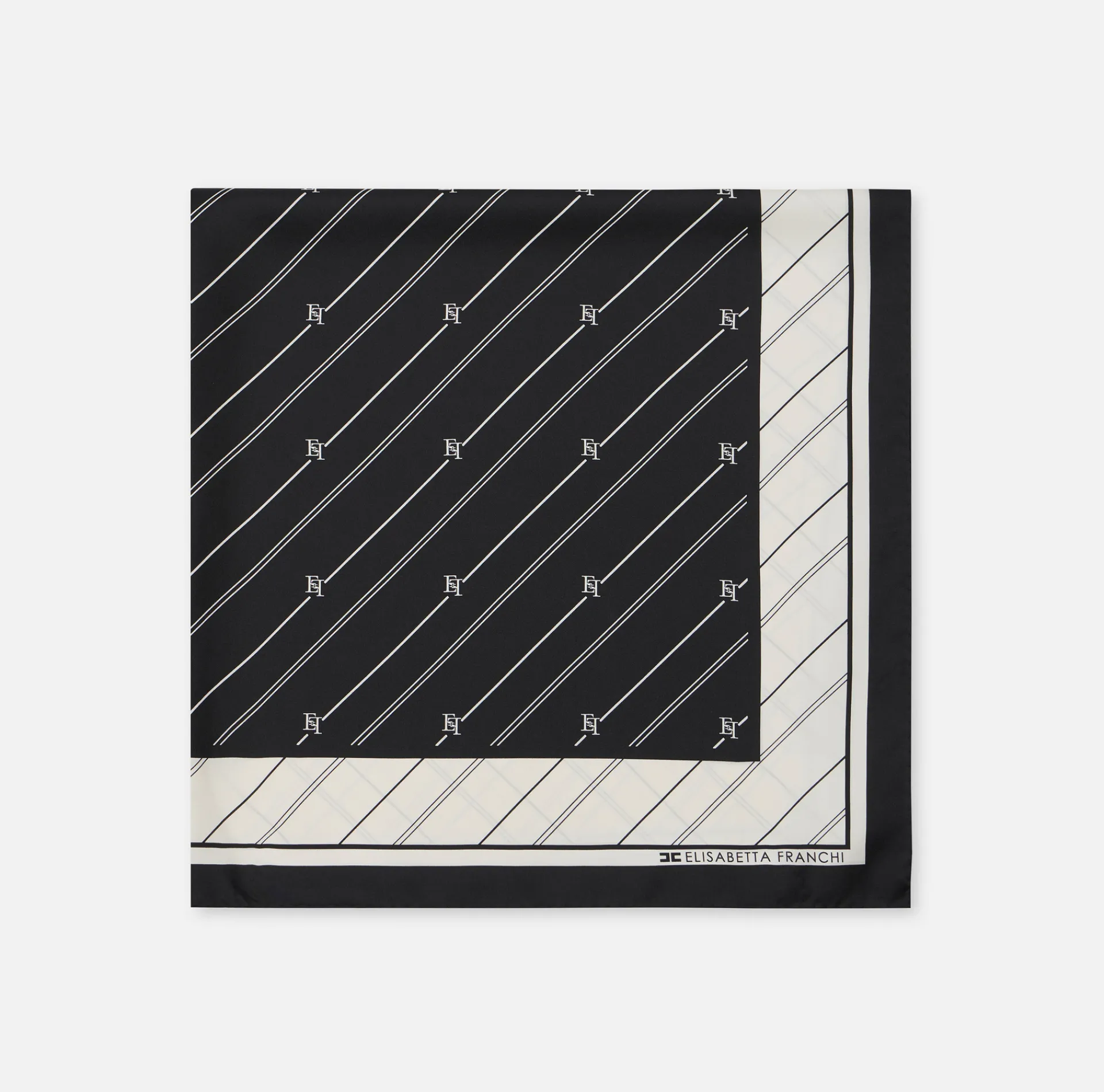 Elisabetta Franchi Scarves|Silk foulard scarf with diagonal stripe pattern and logo Black/Butter