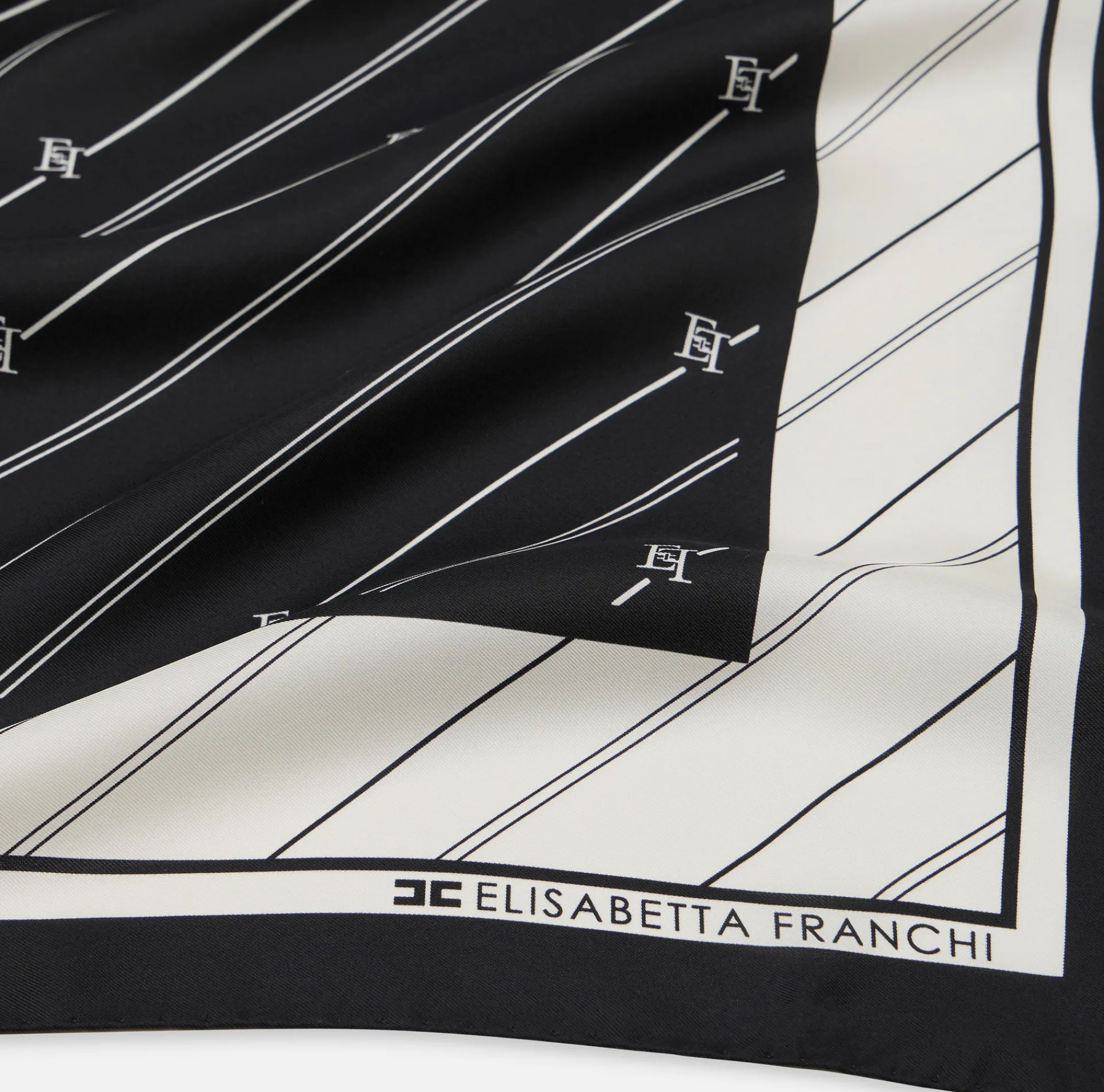 Elisabetta Franchi Scarves|Silk foulard scarf with diagonal stripe pattern and logo Black/Butter