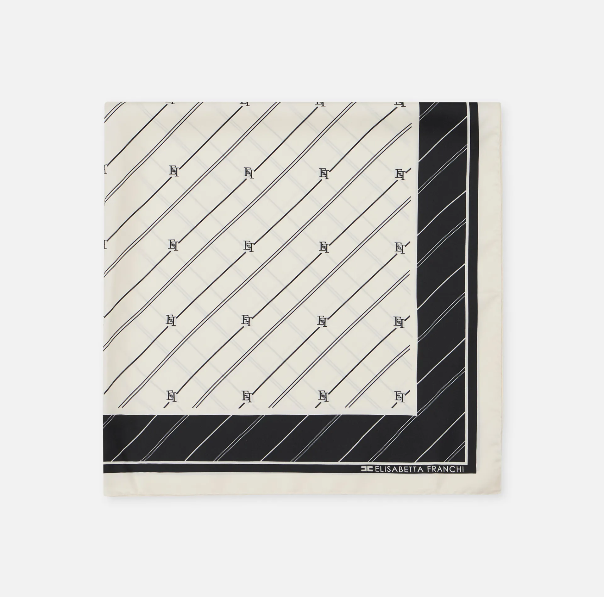Elisabetta Franchi Scarves|Silk foulard scarf with diagonal stripe pattern and logo Butter/Black