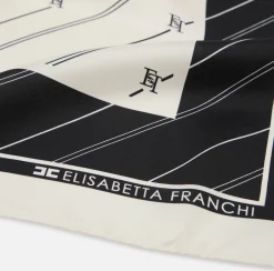 Elisabetta Franchi Scarves|Silk foulard scarf with diagonal stripe pattern and logo Butter/Black