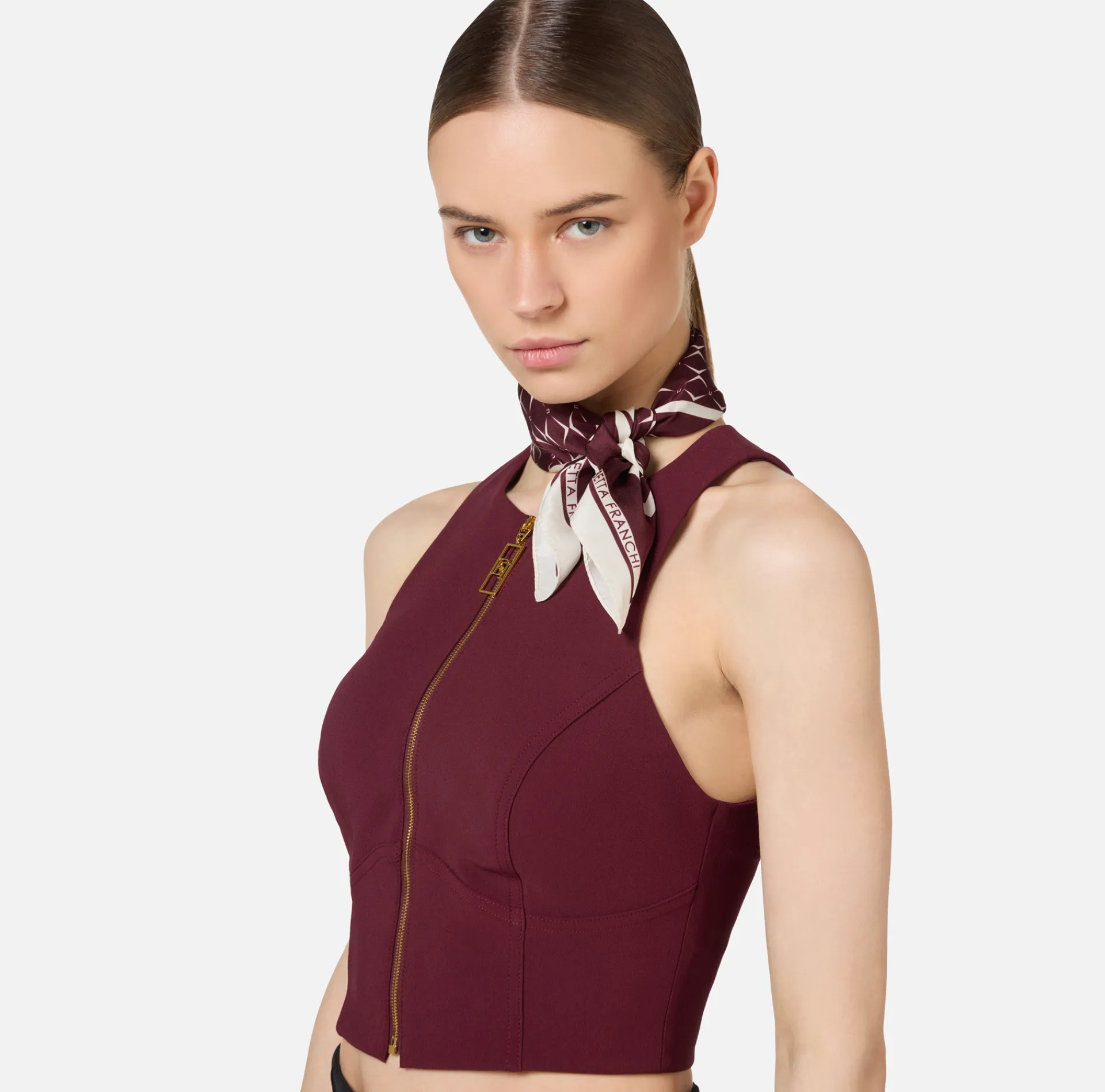 Elisabetta Franchi Scarves|Silk foulard scarf with diamond pattern and logo RougeNoir/Butter