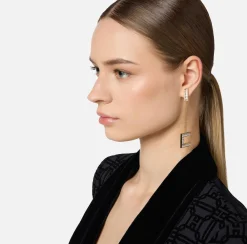 Elisabetta Franchi Jewelry|Silver metal logo earrings with logo pendant YellowGold