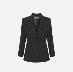 Elisabetta Franchi Jackets And Trench Coats|Single-breasted cool wool jacket with pockets Black