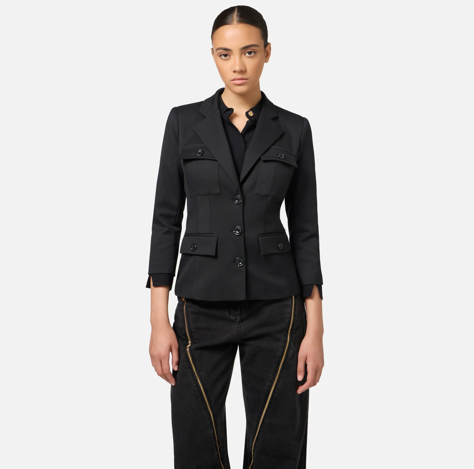 Elisabetta Franchi Jackets And Trench Coats|Single-breasted cool wool jacket with pockets Black