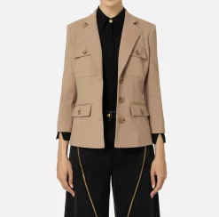 Elisabetta Franchi Jackets And Trench Coats|Single-breasted cool wool jacket with pockets Camel