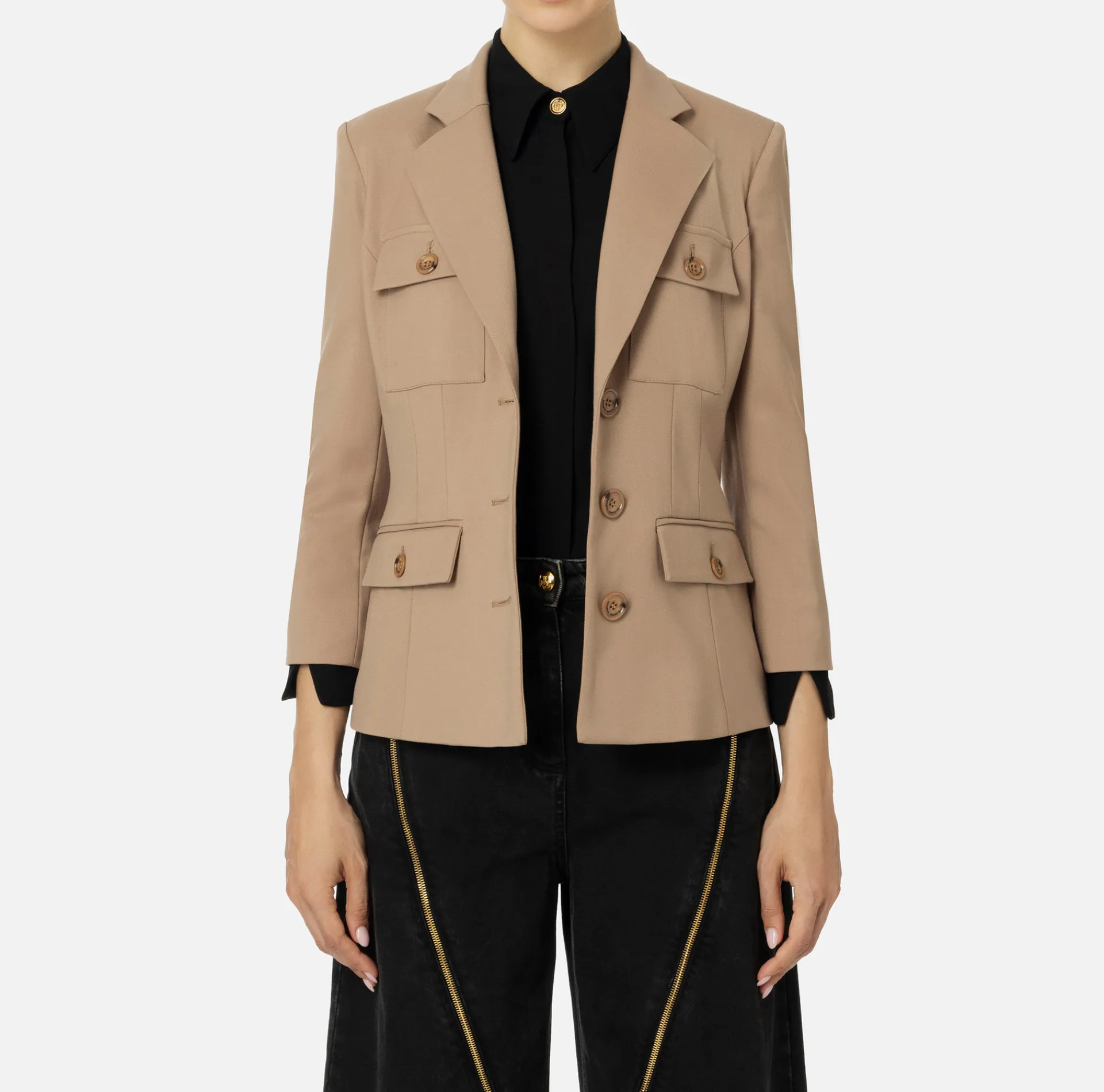 Elisabetta Franchi Jackets And Trench Coats|Single-breasted cool wool jacket with pockets Camel