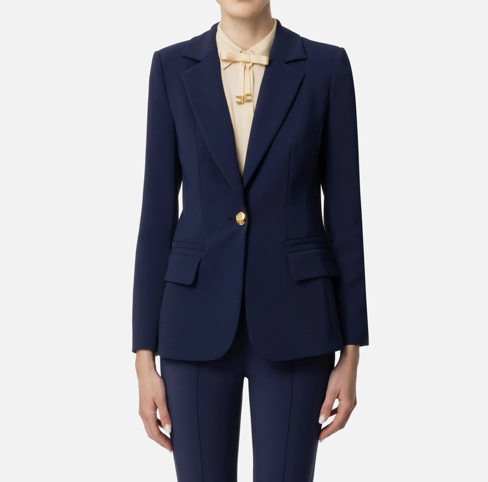 Elisabetta Franchi Jackets And Trench Coats|Tailleur|Slim-fit jacket in stretch crêpe Navy