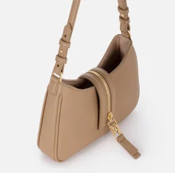 Elisabetta Franchi Shoulder Bags|Small hobo bag in leather-effect material with zip Camel