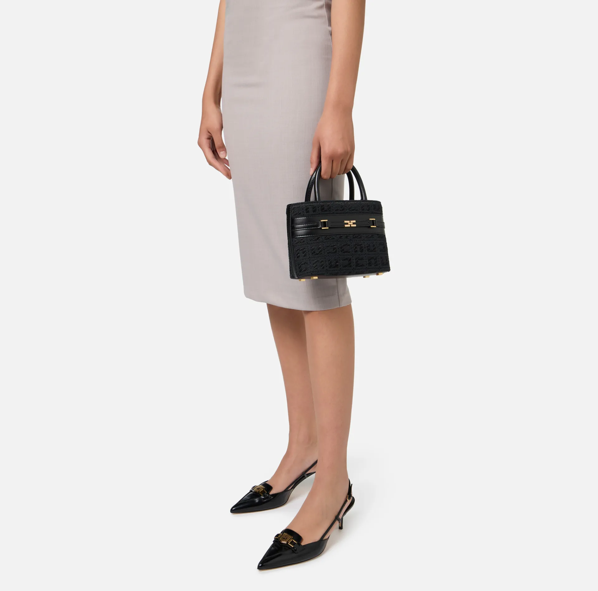 Elisabetta Franchi Handbags|Small shopper bag in jacquard fabric with horsebit Black