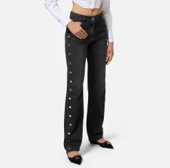 Elisabetta Franchi Jeans|Straight cotton jeans with buttons on the hips Blackdenim