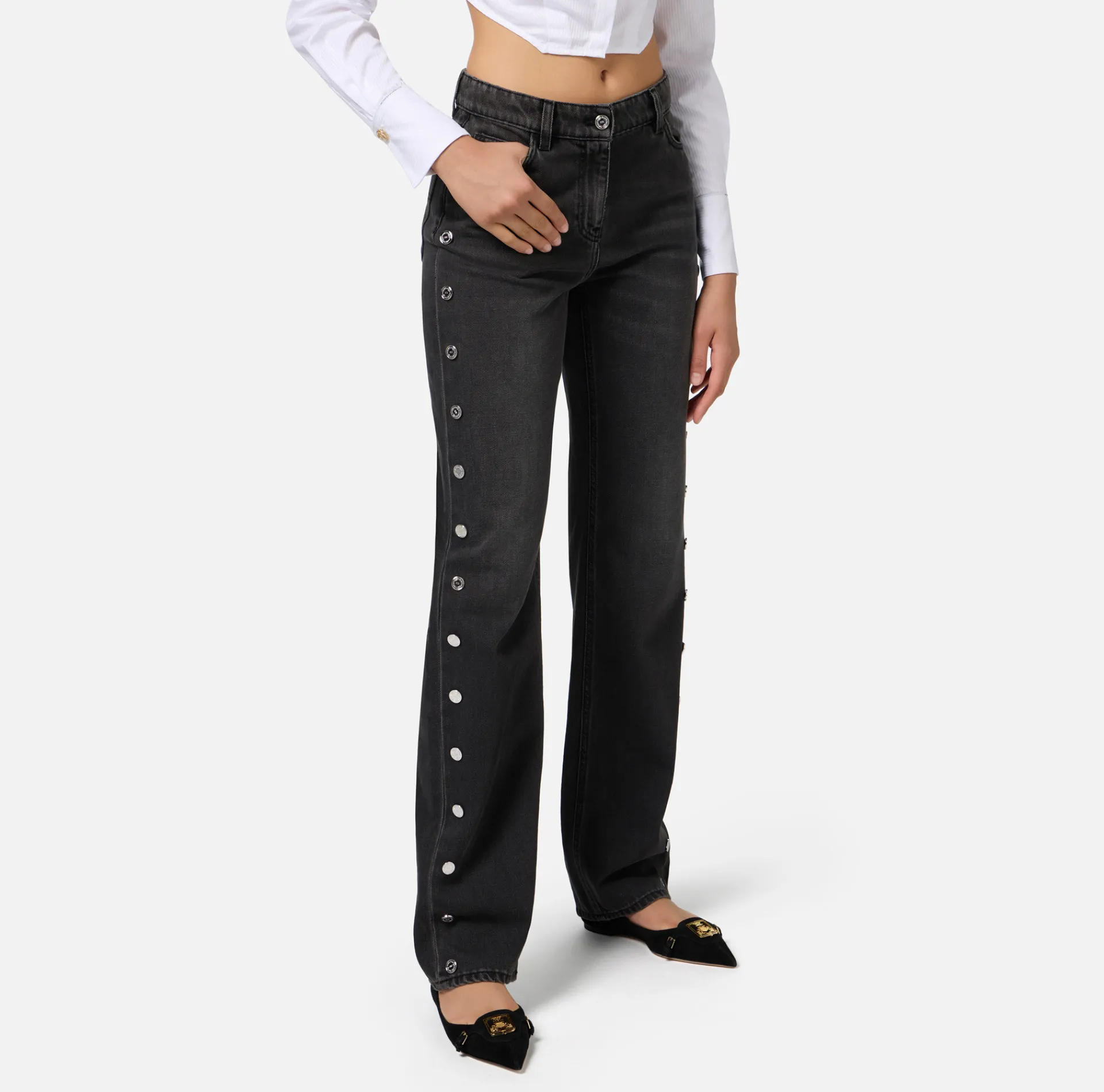 Elisabetta Franchi Jeans|Straight cotton jeans with buttons on the hips Blackdenim