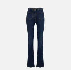 Elisabetta Franchi Jeans|Straight jeans in stretch cotton with logo plaques DenimBlue