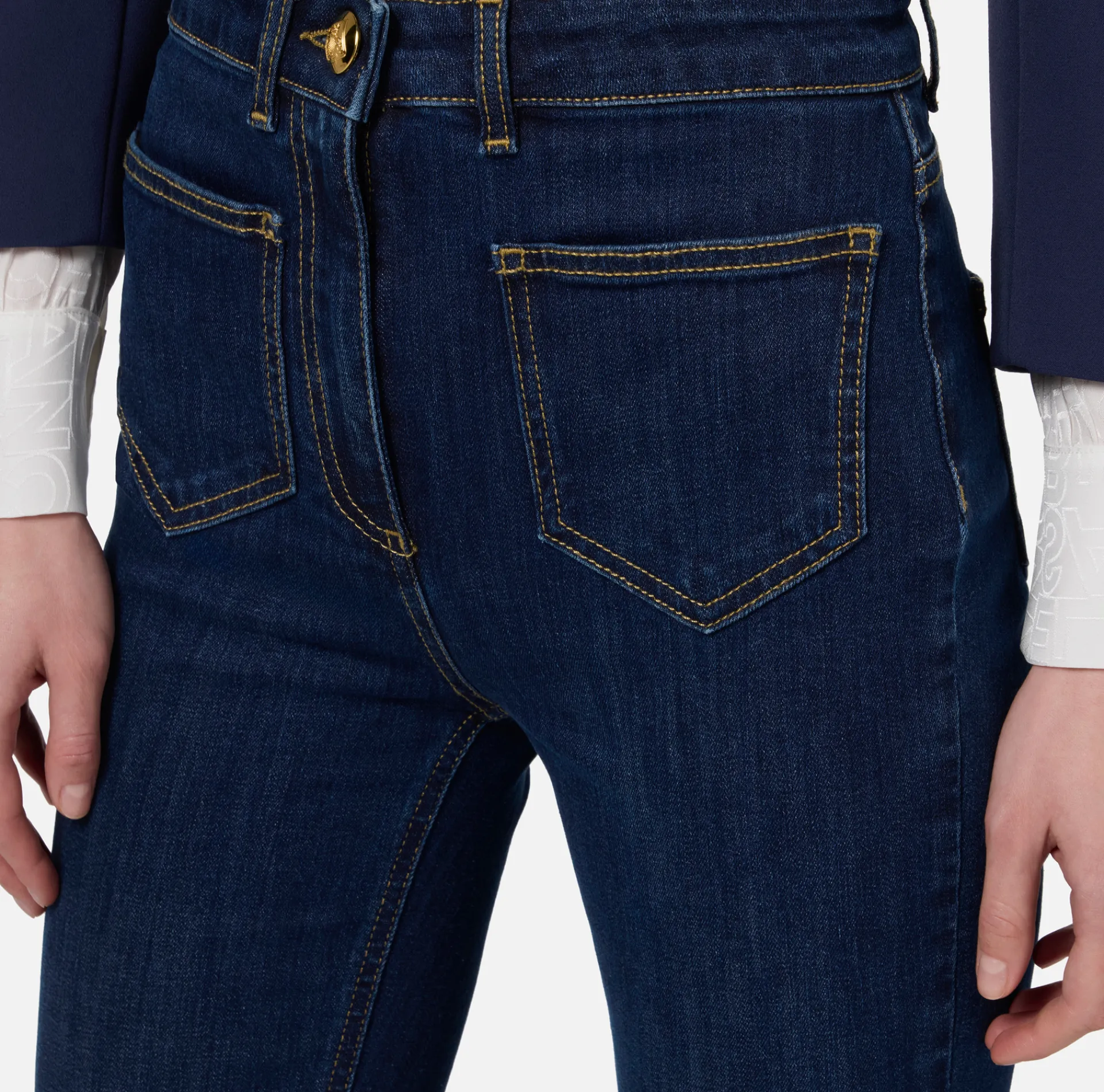 Elisabetta Franchi Jeans|Straight jeans in stretch cotton with logo plaques DenimBlue