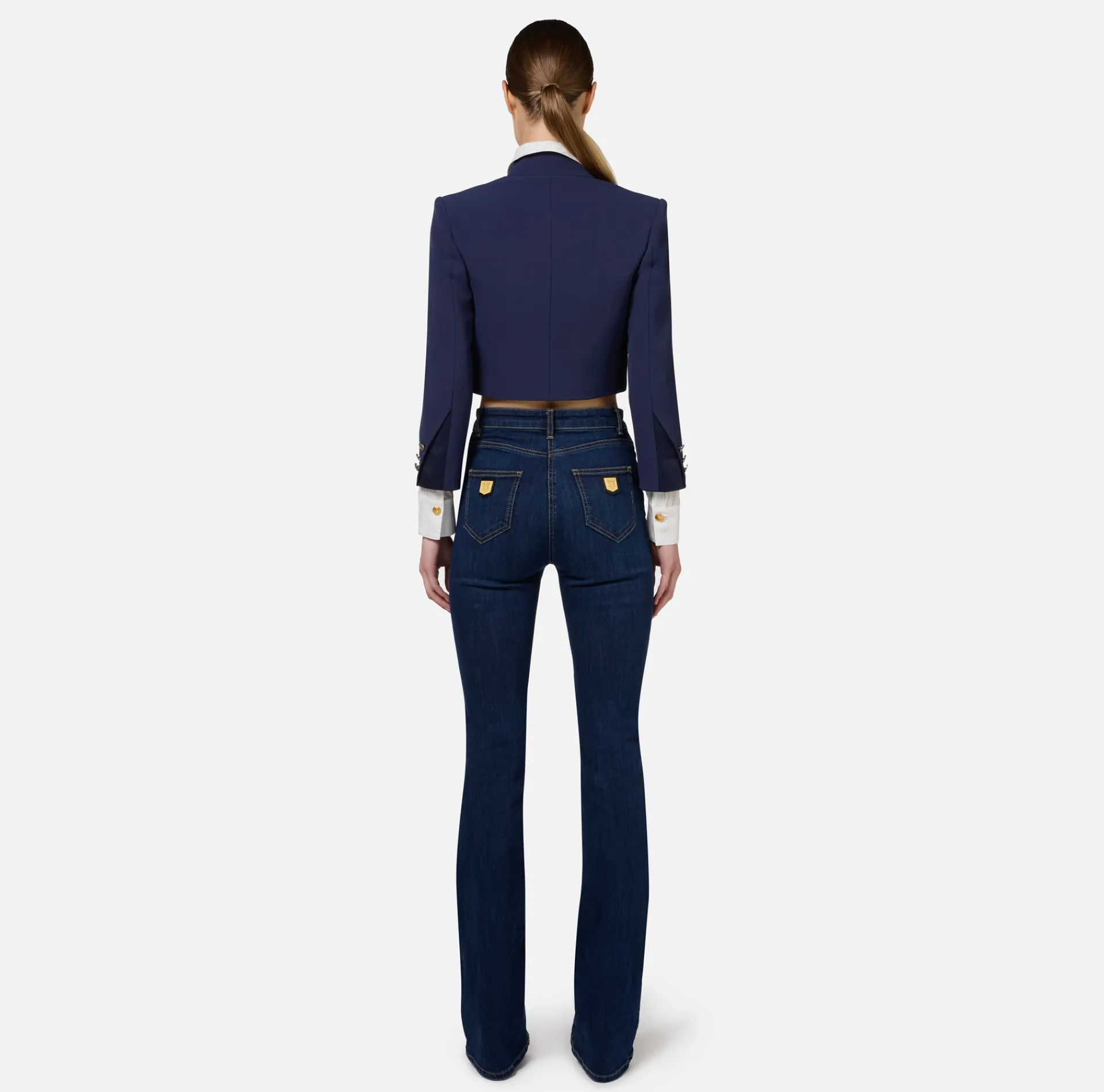Elisabetta Franchi Jeans|Straight jeans in stretch cotton with logo plaques DenimBlue