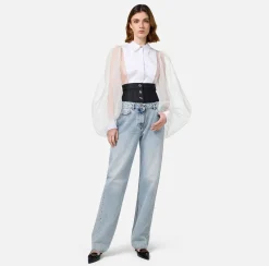 Elisabetta Franchi Jeans|Straight organic cotton jeans with neoprene corset Lightdenim