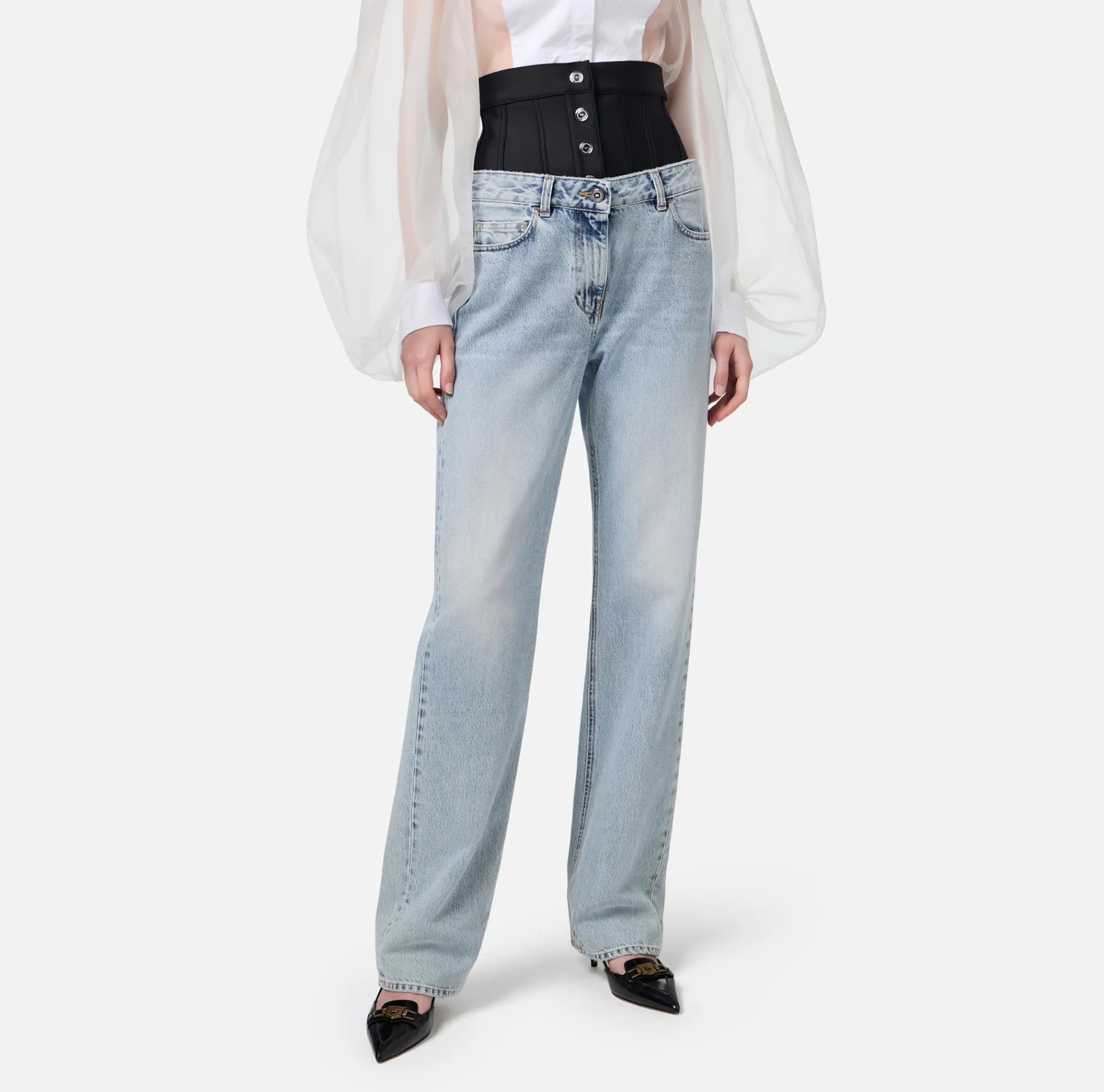 Elisabetta Franchi Jeans|Straight organic cotton jeans with neoprene corset Lightdenim