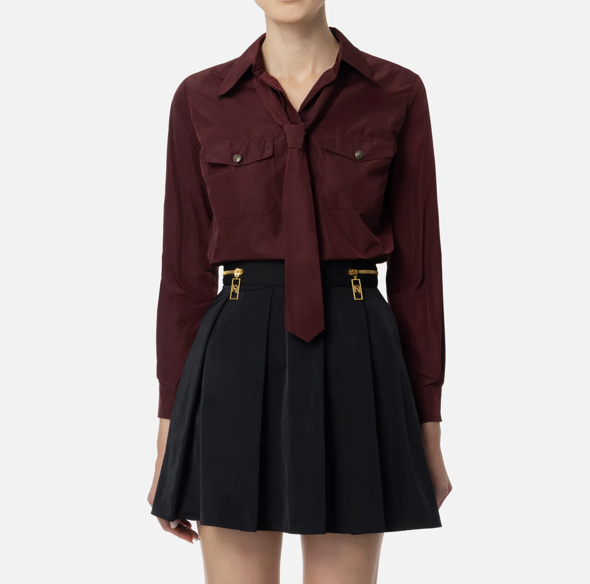 Elisabetta Franchi Shirts And Blouses|Straight shirt in technical nylon with tie RougeNoir